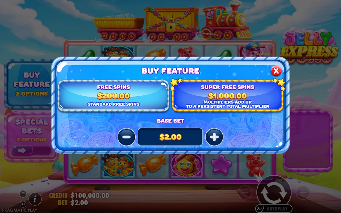 Jelly Express buy-feature menu in the official demo