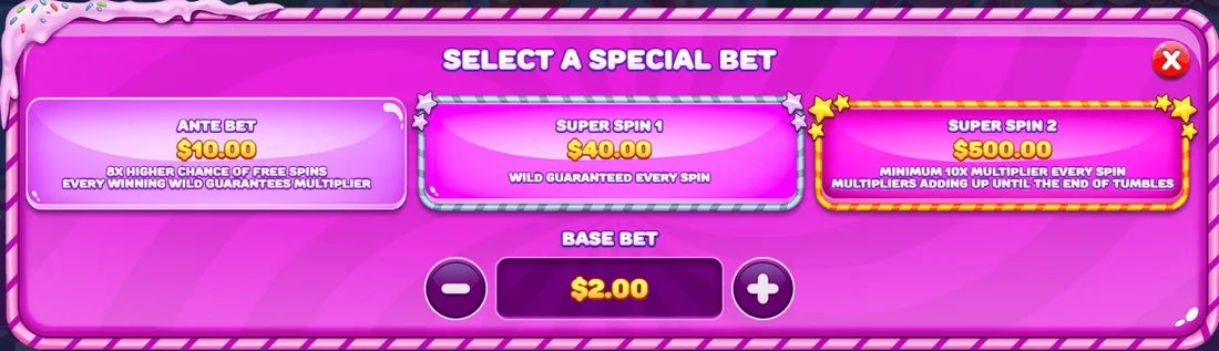 Special bets menu: Ante USD 10, Super Spin 1 USD 40, Super Spin 2 USD 500 at a USD 2 base